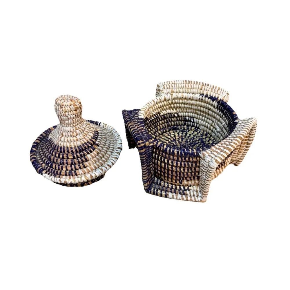 Handwoven Senegalese Storage Basket Lid Unique shap‎ curved base and intricate